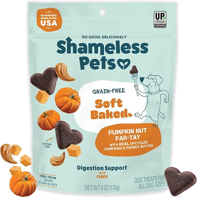 Shameless Pets Soft-Baked Dog Treats, Pumpkin Nut Partay - Natural & Healthy Dog Chews for Digestive Support with Fiber - Made in USA, Free from Grain, Corn & Soy - 1-Pack