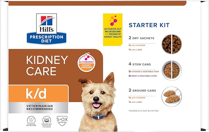 Hill's Prescription Diet k/d Kidney Care Starter Kit Variety Pack Dog Food, Veterinary Diet, 5.25 oz. Dry Food (2), 13 oz. Cans (2), 5.5 oz. Cans (4)
