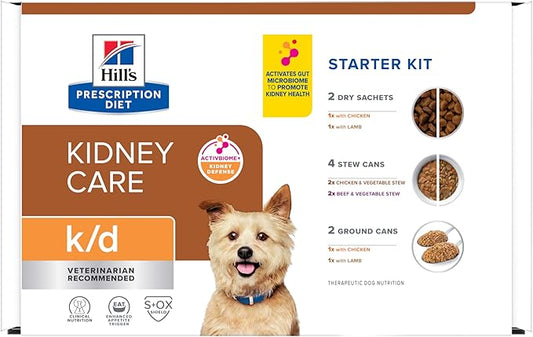 Hill's Prescription Diet k/d Kidney Care Starter Kit Variety Pack Dog Food, Veterinary Diet, 5.25 oz. Dry Food (2), 13 oz. Cans (2), 5.5 oz. Cans (4)