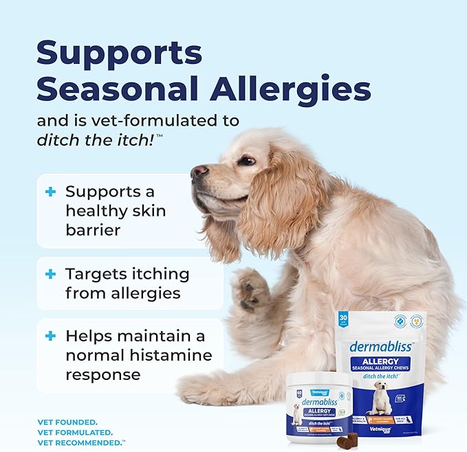 Vetnique Dermabliss Seasonal Dog Allergy Relief & Immune Support Supplement Allergy Chews for Dogs Itching and Licking with Omega 3 Fish Oil & Probiotics for Itch Relief (60 Count Chews)