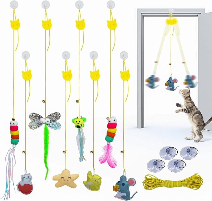 8 Pcs Interactive Cat Feather Teaser Toys with Bells,Retractable Hanging Design,Self-Play Fun for Kittens and Cats,Fun Exercise,Mental Physical Stimulation,Stress Relief for All Breeds