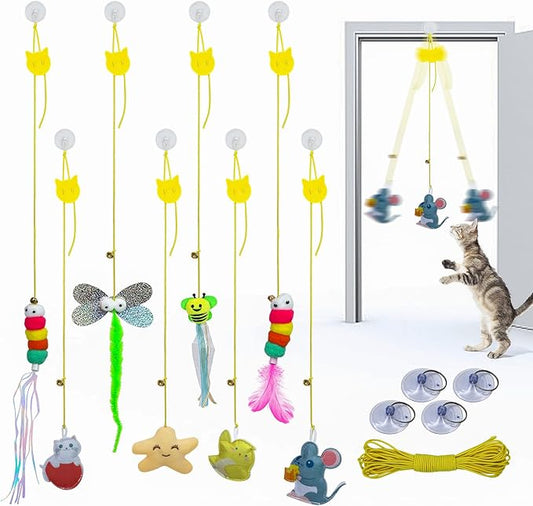 8 Pcs Interactive Cat Feather Teaser Toys with Bells,Retractable Hanging Design,Self-Play Fun for Kittens and Cats,Fun Exercise,Mental Physical Stimulation,Stress Relief for All Breeds