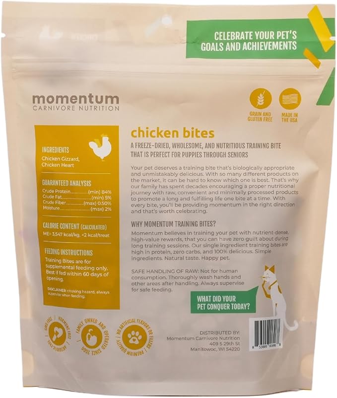 Momentum Carnivore Nutrition Freeze-Dried Chicken Training Bites – Two Ingredients-Chicken Gizzard and Heart, All-Natural Dog Treats –Made in USA – Perfect for Training & Rewards- 2.5 oz Bag