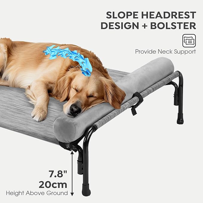 Veehoo Large Elevated Dog Bed, Outdoor Raised Dog Cot Hammock Bed with One-Sided Removable Headrest Bolster, Cooling Breathable Washable Teslin Mesh, Off Ground, Anti-Slip, XXL, CWC2204BCP