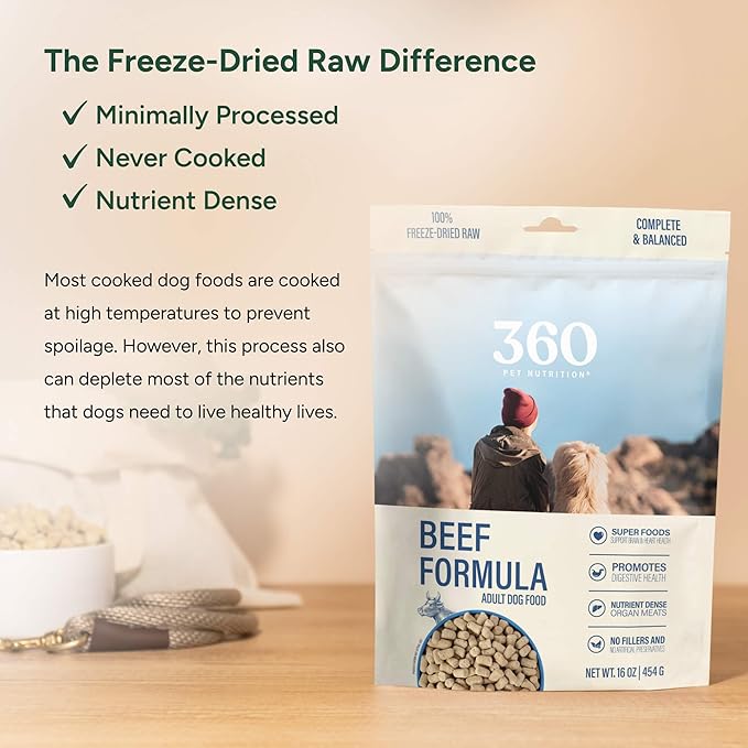 360 Pet Nutrition Raw Freeze-Dried Dog Food, High Protein, Balanced Meal, Chicken, Liver, Heart, Fruit, Veggies, Superfoods, No Fillers (3 Pound (Pack of 1), Beef)