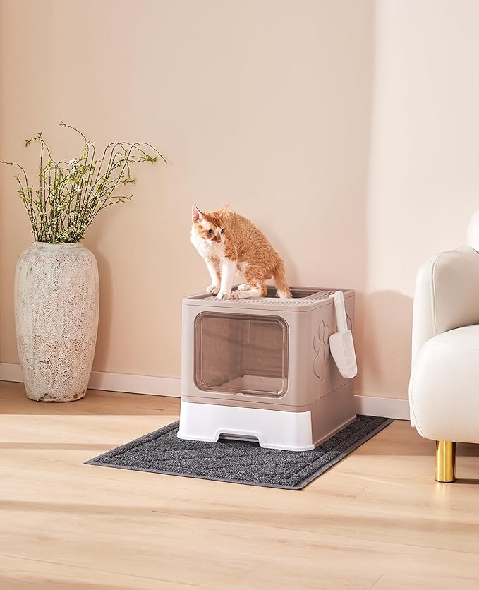 Cat Litter Box with X-Large Litter Mat and Scoop, Large Foldable Litter Box with Lid, Enclosed Kitty Box,Front Top Entry Exit, Odor Control Easy to Clean (Upgrade Coffee)