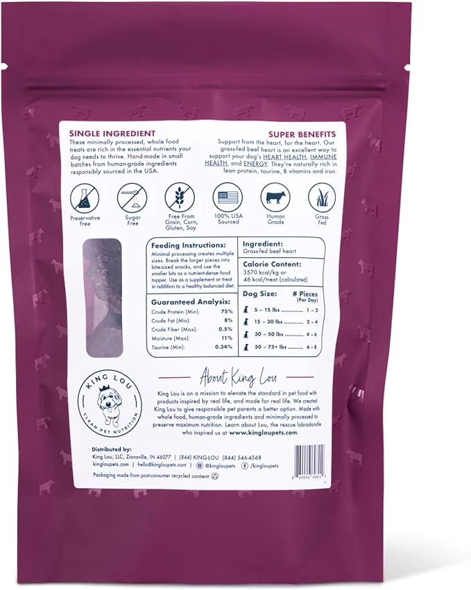 King Lou Pets - USA-Made Dehydrated Beef Heart Jerky Dog Treats - 1 lb of Fresh Beef Heart Prior to Dehydration