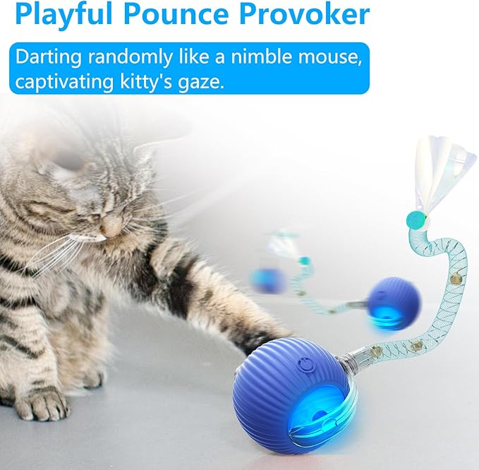 Interactive Cat Toys for Indoor Cats, Interactive Cat Ball Toy with Elastic Mesh Tail, Automatic Cat/Kitten Toys with Chirping & Motion Activate, Cat Toys for Bored Indoor(Blue)