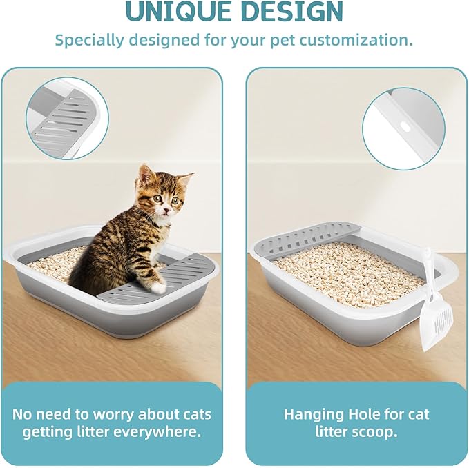 Collapsible Kitty Litter Box, ShineMe Open Top Cat Litter Tray with Scoop and Litter Bag, Anti-Splashing Waterproof Cat Toilet Potty Pan 17.7” x 13.5”, Grey