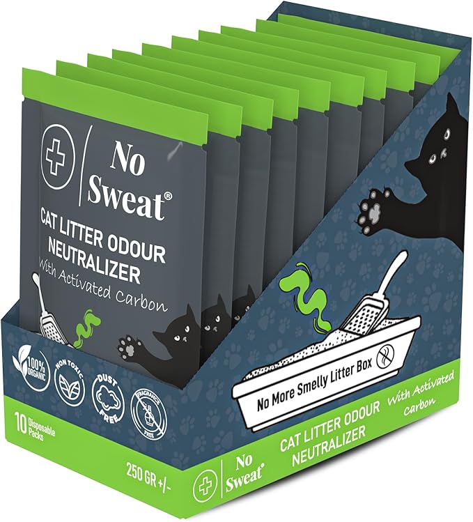 No Sweat Activated Carbon Cat Litter Odour Neutralizer- Made Of Coconut Shell -All Natural - None Chemical,Toxic Ingredients- Non-Scented-Planet Friendly-Disposable 10 Packs in One Box 250 GR
