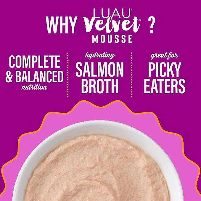 Tiki Cat Luau Velvet Mousse, Salmon in Broth, Complete Nutrition for Balanced Diet, Wet Cat Food For All Life Stages, 2.8 oz. Pouch (Pack of 12)