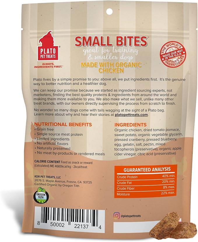PLATO Small Bites Natural Training Dog Treats - Real Meat - Grain Free - Made in the USA - Organic Chicken Flavor, 6 ounces