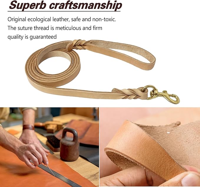 LWBMG Leather Dog Leash 6ft x 3/4 inch Heavy Duty Dog Training Leash, Strong Sturdy Genuine Leather Braided Pet Leashes, Soft and Comfortable Cowhide Pet Lead for Large, Medium and Small Dogs Tan