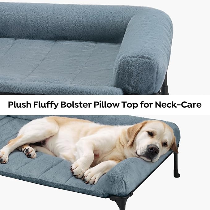 Veehoo Cooling Elevated Dog Bed with Fluffy Plush Bolster Cushion, Indoor Raised Dog Beds for Large Dogs, Soft Pet Sofa Cot with Removable Washable Mat, No-Slip Feet, 42 x 30 inches, Haze Blue