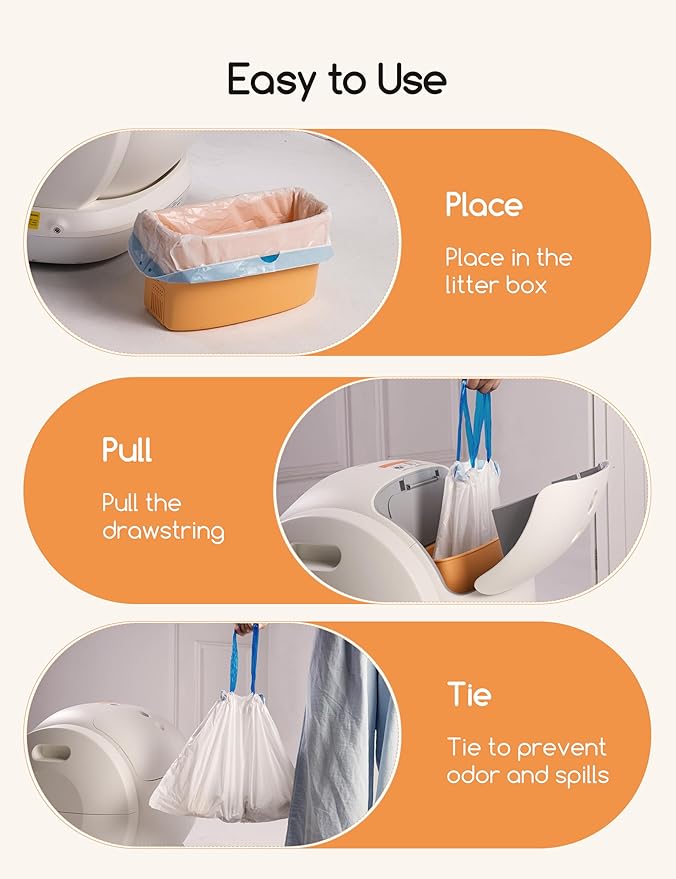 MeoWant Cat Litter Box Liner - 60PCS Heavy Duty Drawstring Trash Bags for MeoWant MW-SC01/MW-SC02 Automatic Self-Cleaning Boxes, Extra Thick Leakproof, 3 Rolls (20 Bags/Roll)