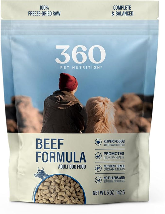360 Pet Nutrition Raw Freeze-Dried Dog Food, High Protein, Balanced Meal, Chicken, Liver, Heart, Fruit, Veggies, Superfoods, No Fillers (5 Ounce (Pack of 1), Beef)