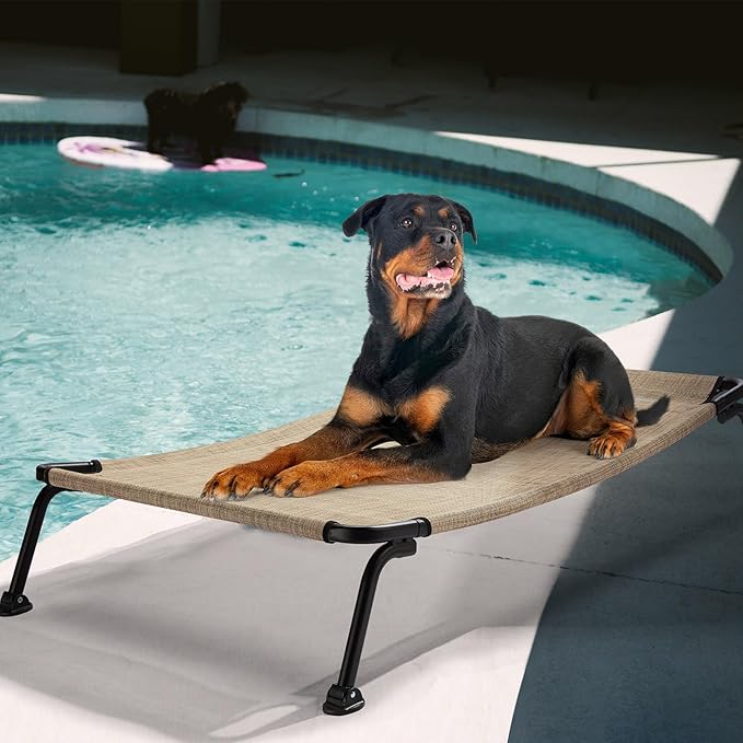 Veehoo Outdoor Elevated Dog Bed, Cooling Raised Dog Cot Bed XL, Portable Waterproof Curved Dogs Hammock Beds for Outside, up to 150lbs, Black Legs, Beige 49"