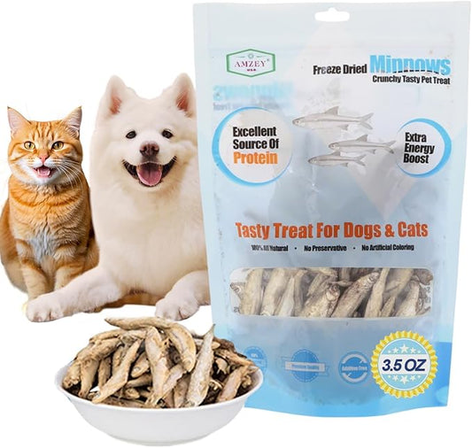Amzey 3.5oz Minnows Dog Treats - Freeze Dried Minnows Cat Treats - High Protein & Premium Quality Training Treats - Bulk Package (1.6" to 2.8" Length Each)
