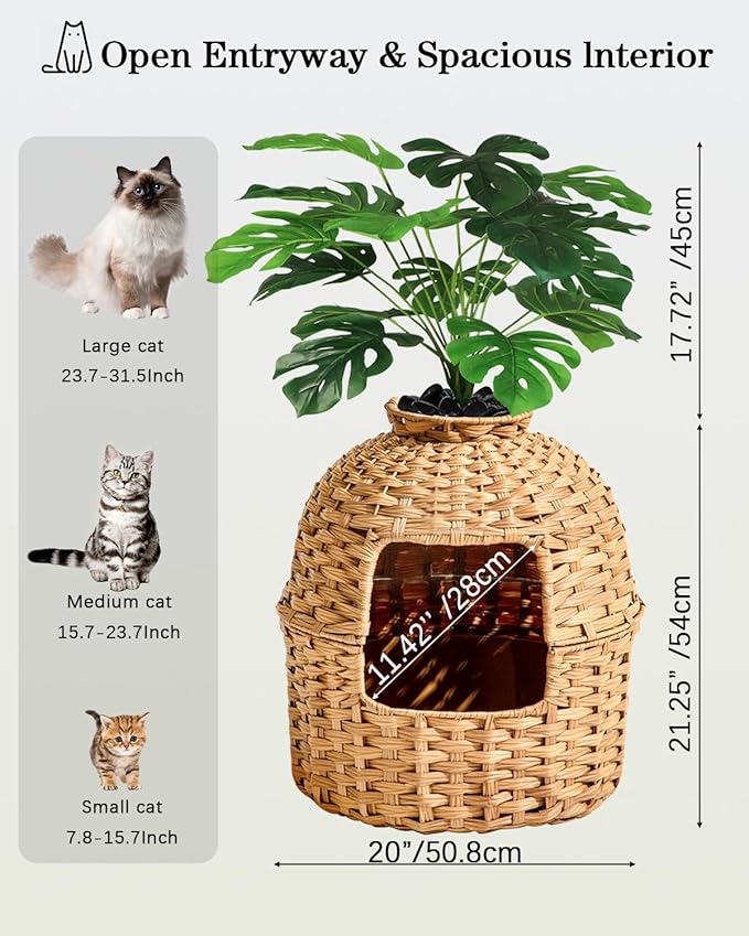 Cat Litter Box Plant Furniture Enclosure, Hidden Handwoven Rattan with Cat Litter Box and Artificial Plants, Odor Control Filter, Real Stones in Living Room, Bedroom, Corner Natural