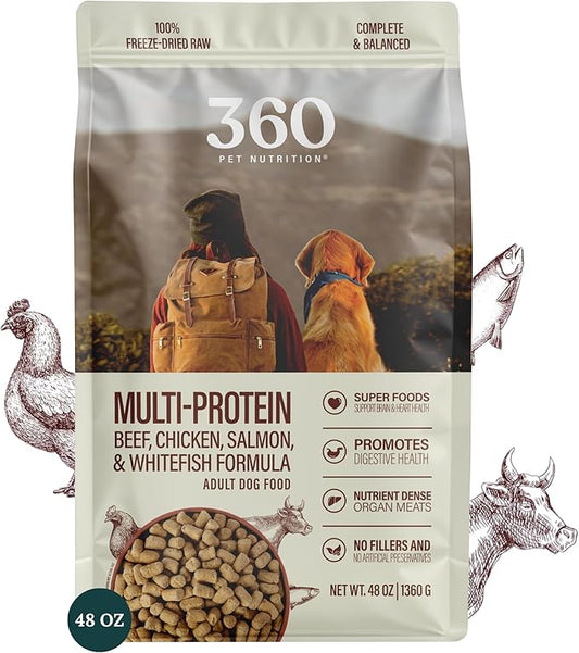360 Pet Nutrition Freeze-Dried Raw Dog Food, High Protein Meal w/Beef, Chicken,Organs, Whitefish, Omega-3, Fruit&Veg, Superfoods, No Fillers, 48 oz Food/Bites/Kibble (Multi-Protein) Made in USA