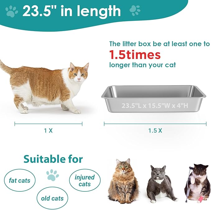 IKITCHEN Stainless Steel Cat Litter Box, Large Metal Litter Box for Cats, Never Absorbs Odors,Stain Free, Rustproof, Non Stick Smooth Surface, Anti-Slip Rubber Bottom, 23.5" L x 15.5" W x 4" H