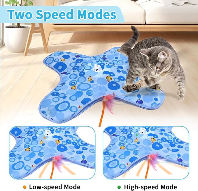 DFQ Interactive Cat Toys Chargeable, 2 in 1 Automatic Hide and Seek Cat Toys with Moving Concealed Feather Hidden in Bag,Touch Activated Cat Kitten Toys for Indoor Bored Adult Cats,Blue