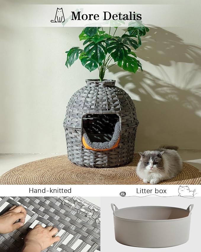 Cat Litter Box Plant Enclosure, Hidden Handwoven Rattan with Cat Litter Box Furniture and Artificial Plants, Odor Control Filter, Real Stones in Living Room, Bedroom, Corner (Gray)