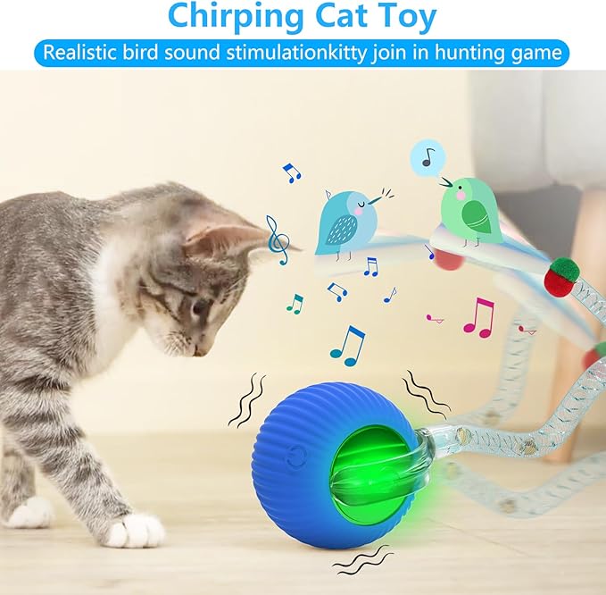 Interactive Cat Toys for Indoor Cats, Interactive Cat Ball Toy with Elastic Mesh Tail, Automatic Cat/Kitten Toys with Chirping & Motion Activate, Cat Toys for Bored Indoor(Blue)