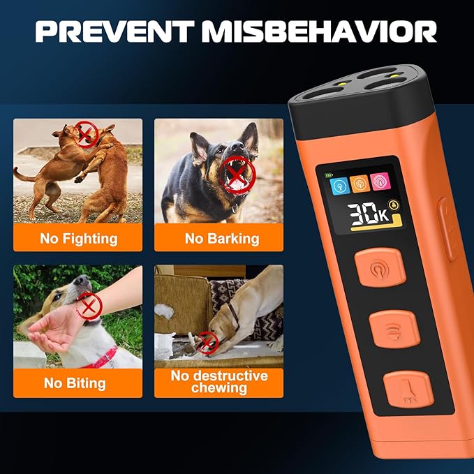 Dog Bark Deterrent Device, Color Display 2000 mAh Rechargeable Ultrasonic Anti-Barking Trainer with 4 Frequency Settings 25/30/40/55 kHz, 65ft Long-Range, Safe & Effective Alternative to Bark Collars