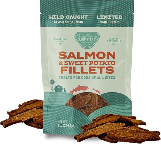 Gaines Family Farmstead Salmon & Sweet Potato Fillets for Dogs - 8 oz Pouch, All-Natural Dog Treats – Wild Caught Alaskan Salmon, Soft Chew, Limited Ingredients, Made in USA