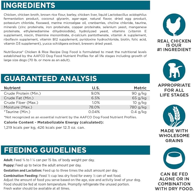 NutriSource Chicken & Rice Recipe Dog Food, Premium Wet Dog Food, 12.3 Ounce (Pack of 12)