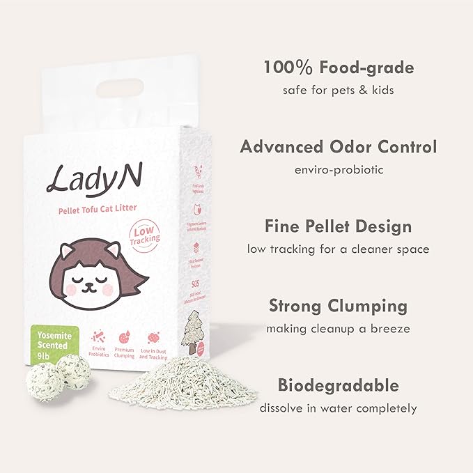 Lady N Pellet Tofu Cat Litter Yosemite Woody Scent, Strong Clumping, Ultra Absorbent, Dust-Free Low Tracking, Water-Soluble, Natural Ingredients, Enviro-Probiotic for Odor Control 9lb