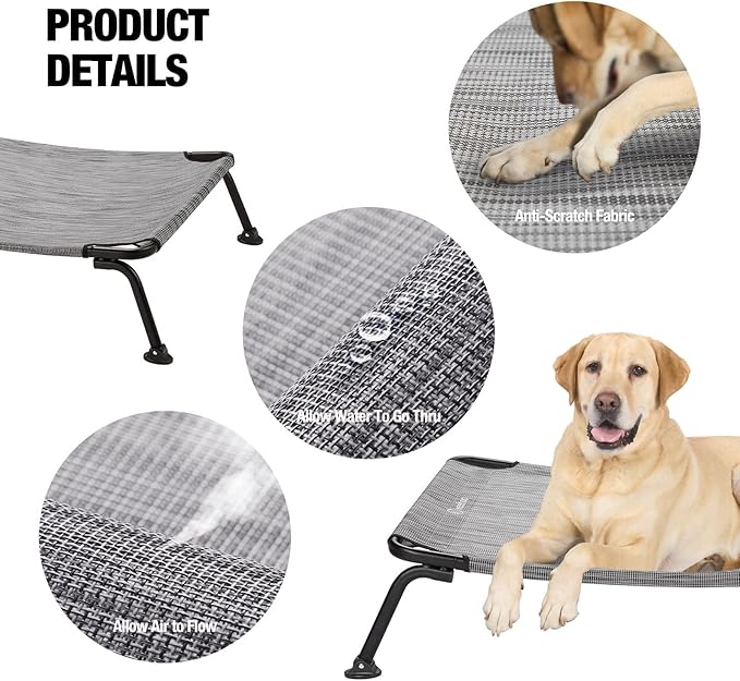 Veehoo Outdoor Elevated Dog Bed, Cooling Raised Dog Cots Beds for Large Dogs, Portable Waterproof Curved Dogs Hammock Bed for Outside, up to 120lbs, Black Legs, Black Silver 42"