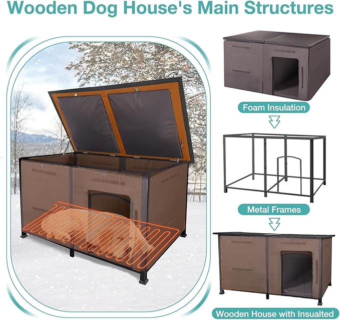 59" Extra Large Outdoor Dog House with Insulated Liner,Dog Kennel with All-Around Iron Frame,Weatherproof Dog Shelter for Small to Large Sizes Dog Kennel (Brown, LH)