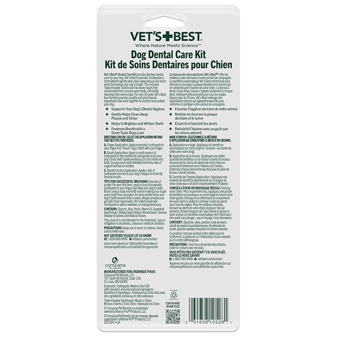 Vet's Best Dog Toothpaste & Dog Toothbrush, Dental Kit, Plaque Remover for Teeth, Whitens Teeth, Freshens Canine Breath, Veterinarian Formula, Finger Toothbrush Included