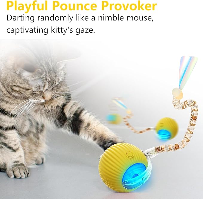 Interactive Cat Toys for Indoor Cats, Interactive Cat Ball Toy with Elastic Mesh Tail, Automatic Cat/Kitten Toys with Chirping & Motion Activate, Cat Toys for Bored Indoor (Yellow)
