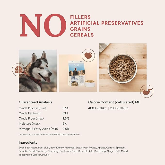 360 Pet Nutrition Raw Freeze-Dried Dog Food, High Protein, Balanced Meal, Chicken, Liver, Heart, Fruit, Veggies, Superfoods, No Fillers (3 Pound (Pack of 1), Beef)