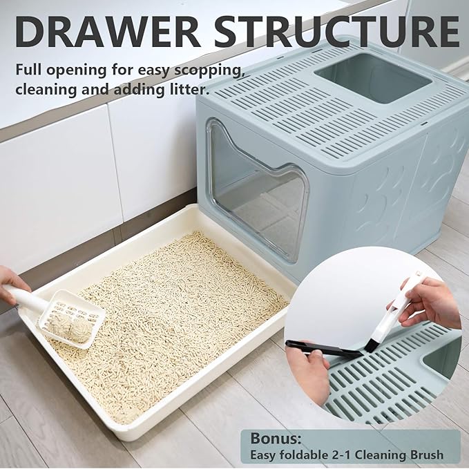 Foldable Cat Litter Box with Lid, Enclosed Potty, Large Top Entry Anti-Splashing Toilet, Easy to Clean Including Litter Scoop and 2-in-1 Cleaning Brush (Blue)