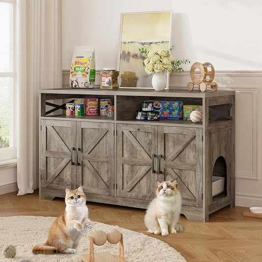 Cat Litter Box Enclosure for 2 Cats, 47" Hidden Litter Box Furniture Cat Washroom with Double Large Room, Farmhouse Indoor Litter Box Cabinet TV Stand, Grey