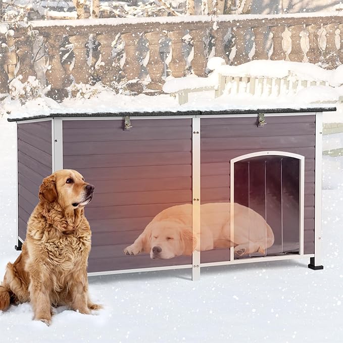 59" Extra Large Outdoor Dog House with Insulated Liner,Dog Kennel with All-Around Iron Frame,Weatherproof Dog Shelter for Small to Large Sizes Dog Kennel (Grey, L)