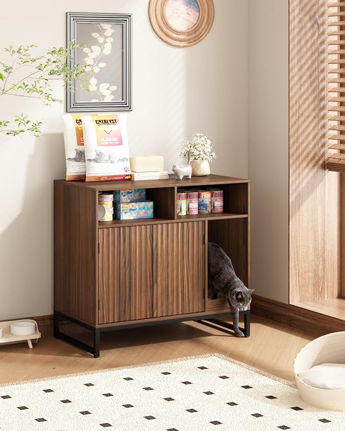 Cat Litter Box Enclosure, Large Hidden Pet Storage Cabinet Furniture with Waveform Fluted Doors & Scratching Pad, Modern Wooden Cat House Indoor for Washroom, Living Room, Bedroom, Rustic Brown