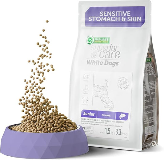 Nature's Protection Small & Large Breed Puppy Food Dry - Grain Free, High Protein, Anti-Tear Stain Formula - Dog Kibble for All Breeds with White or Light Fur (Superior Care - Salmon, 3.3 lb)