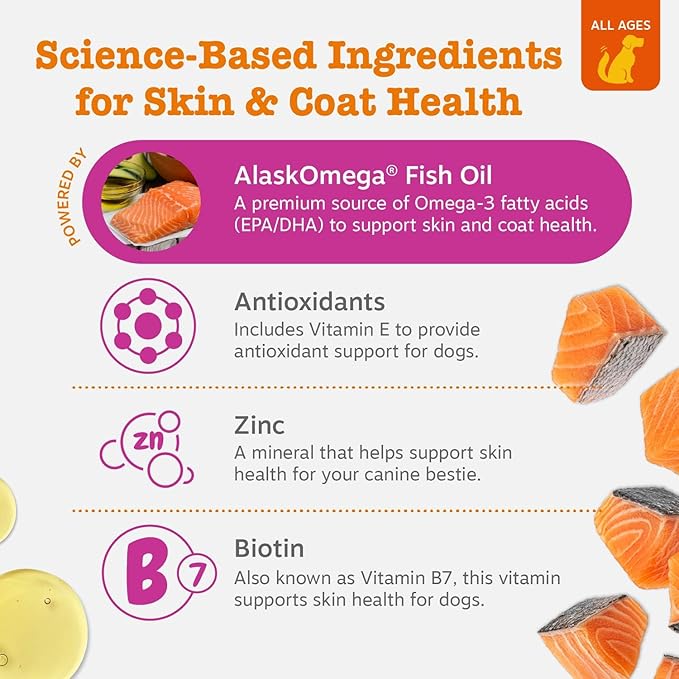Zesty Paws Salmon Oil for Dogs Skin and Coat, Omega 3 Fish Oil Chews, Dog Allergy Relief Chews, Itch Relief Supplement, 90 Count, Bacon Flavor