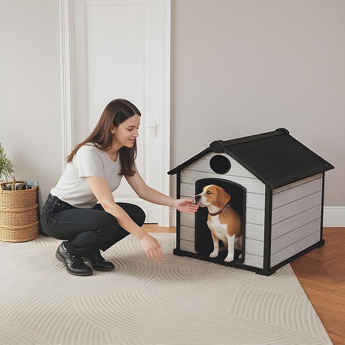 45" Large Dog House Outdoor Indoor with Durable Waterproof Resin Plastic for Medium Large Dogs, Dog House Bed with Air Vents and Elevated Floor, Easy to Assemble (Grey, 45" L x 40" W x 40" H)