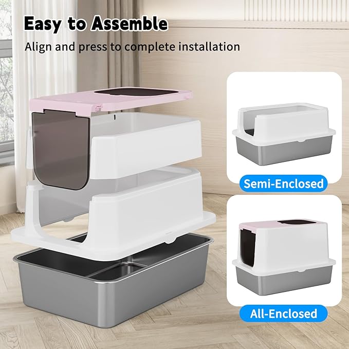 RIZZARI Stainless Steel Cat Litter Box, Enclosed Top-Entry Design, Large Capacity High-Sided Leak Proof Litter Pan for Cats, Easy Clean Pet Toilet (Pink)