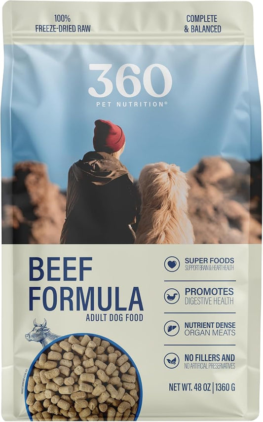 360 Pet Nutrition Raw Freeze-Dried Dog Food, High Protein, Balanced Meal, Chicken, Liver, Heart, Fruit, Veggies, Superfoods, No Fillers (3 Pound (Pack of 1), Beef)