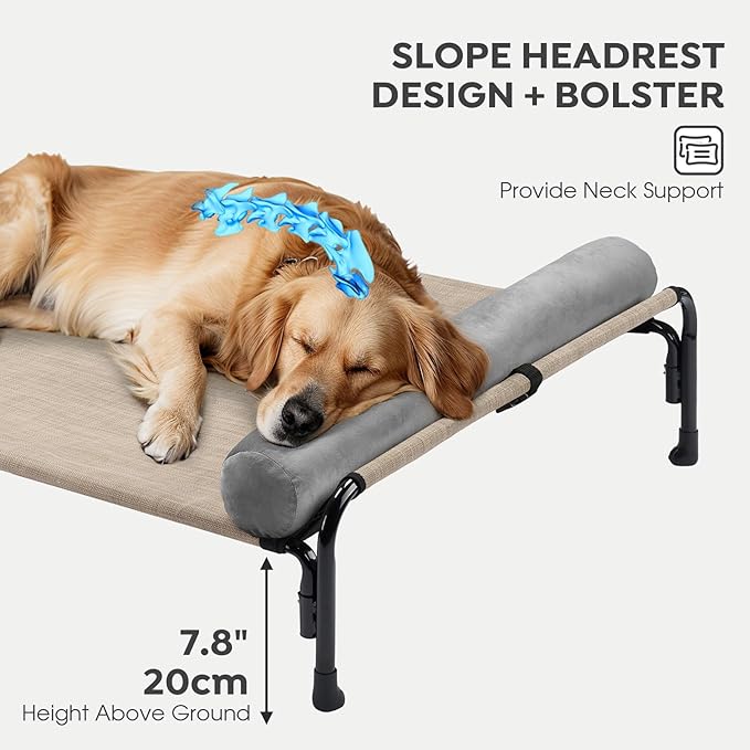 Veehoo Large Elevated Dog Bed, Outdoor Raised Dog Cot Hammock Bed with One-Sided Removable Headrest Bolster, Cooling Breathable Washable Teslin Mesh, Off Ground, Anti-Slip, XL, CWC2204BCP