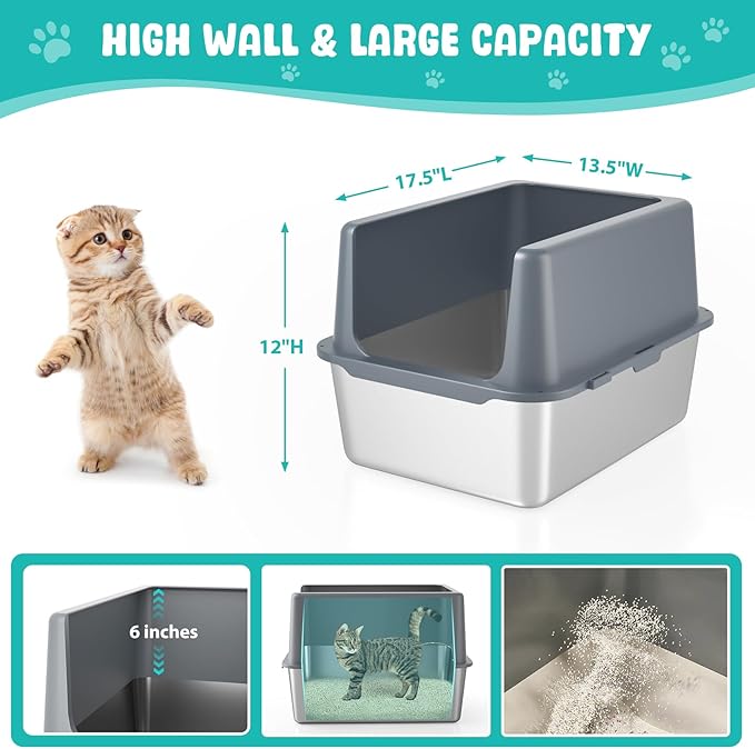 Litter Box with Lid, Stainless Steel Litter Box, 12" Metal Litter Pan High Sides, Small Litter Tray for Kittens, Cat Litter Tray Covered Grey, Easy Clean