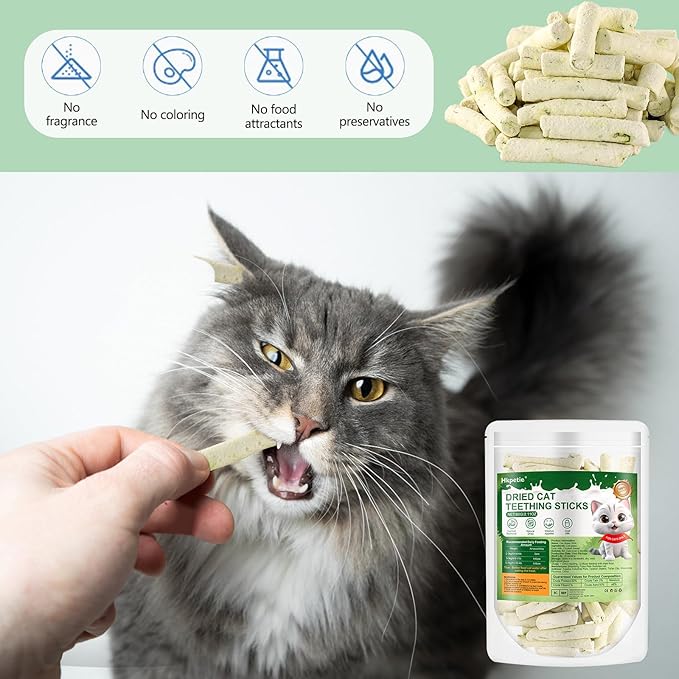 60g Cat Grass Teething Sticks with Goat Milk Favor, Edible Freezed Drying Cat Grass Treats, Cat Snacks for Hairball Removal and Dental Care