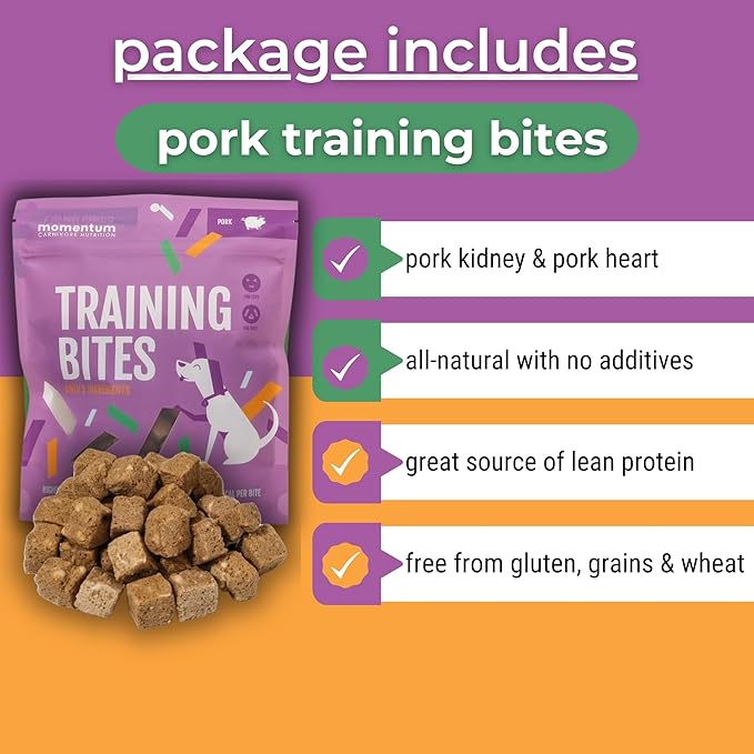 Momentum Carnivore Nutrition Freeze-Dried Pork Training Bites – Two Ingredients-Pork Kidney and Heart, Grain-Free, All-Natural Dog Treats –Made in USA – Perfect for Training & Rewards- 2.5 oz Bag